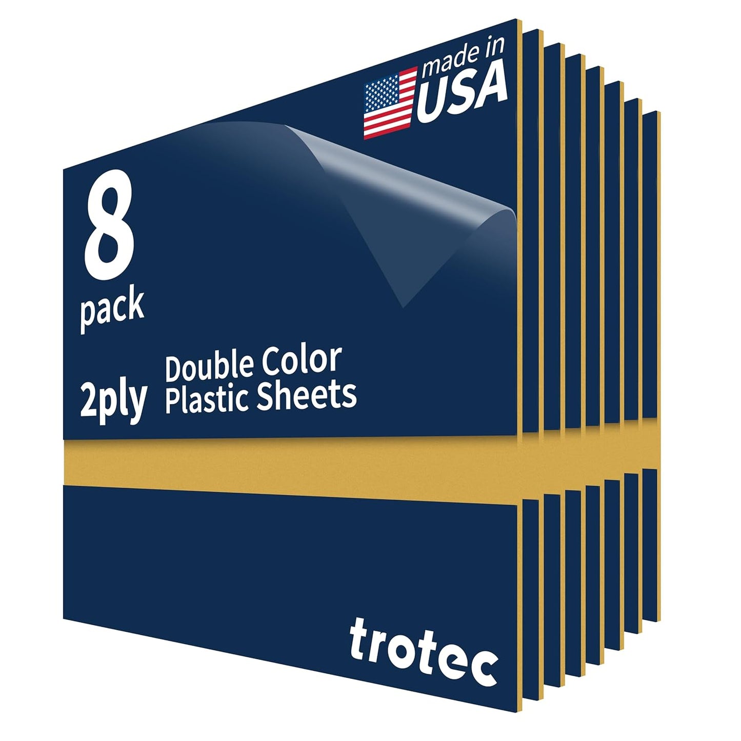 Trotec TroLase | 12"x12"x1/16", 8 Pcs | Navy Blue/Gold | 2 Ply | Modified Acrylic | Laser Engraving Double Color Plastic Sheet | Engraving Blanks for Laser, Saw, Guillotine | Made in USA