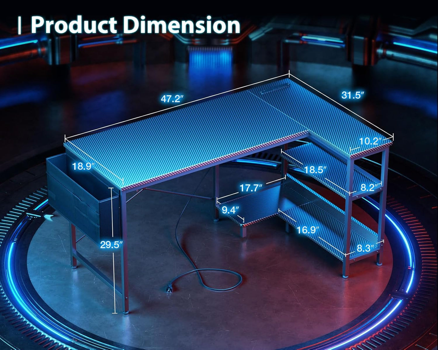 ODK 48 Inch Small L Shaped Gaming Computer Desk with Power Outlets, Corner Desk with Reversible Storage Shelves & PC Stand for Small Space, Modern Simple Home Office Table, Carbon Fiber Surface, Black