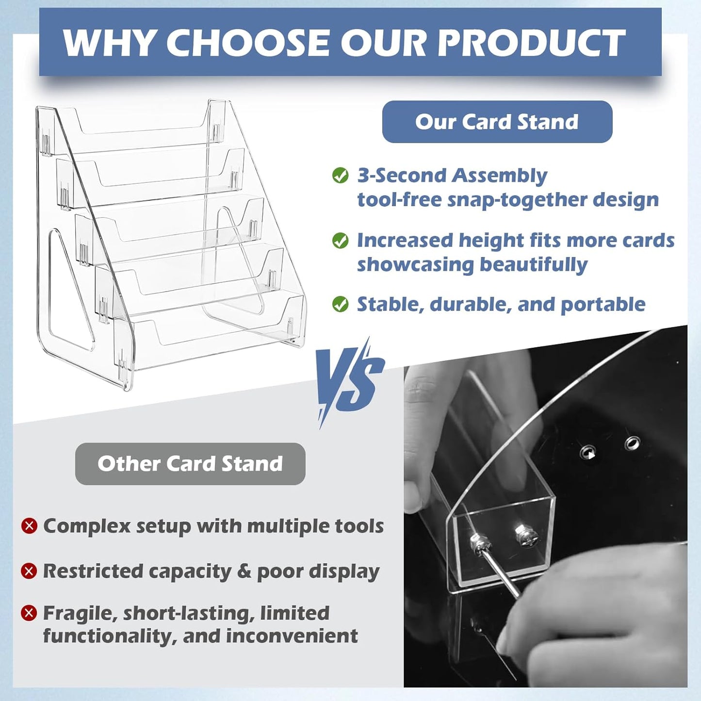 2 Pack Upgraded 5 Tier Acrylic Card Display Stand, Clear Display for Greeting Cards, Sports Cards, Postcards, Stickers & Brochures, Easy Snap-On, Increased Height & Thickness for Better Presentation