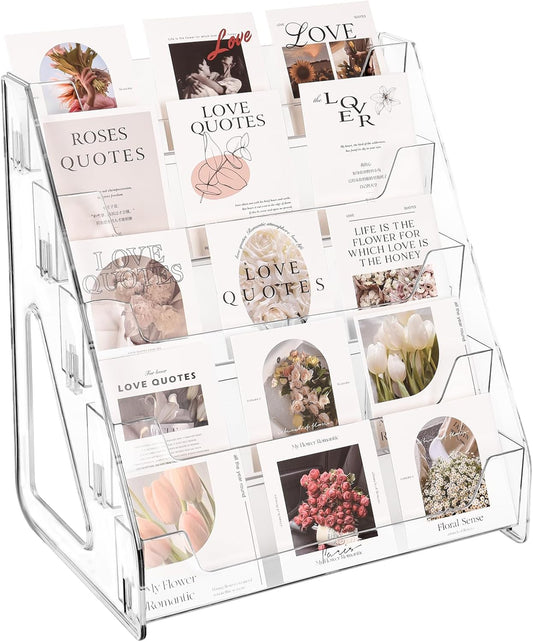 Upgraded 5 Tier Acrylic Card Display Stand, Clear Display for Greeting Cards, Sports Cards, Postcards, Stickers & Brochures, Easy Snap-On, Increased Height & Thickness for Better Presentation