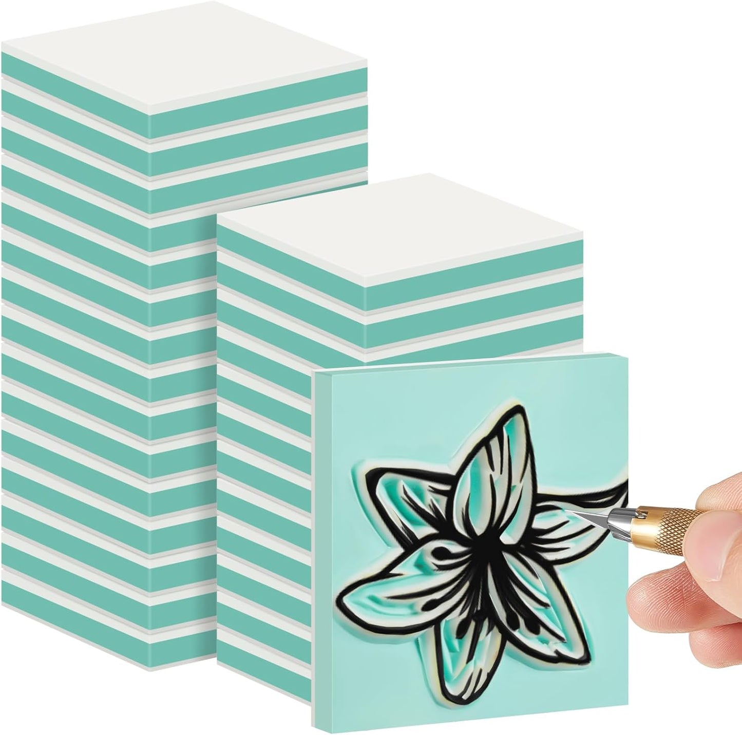 Frienda 48 Pcs 2" x 2" Rubber Carving Blocks Linoleum Blocks for Printmaking, Stamp Making, DIY Crafting, Scrapbook, Painting, Soft and Easy to Carve (White Green)