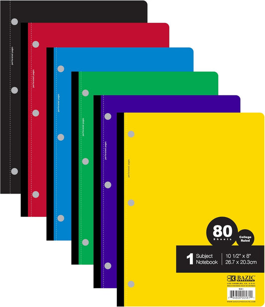 BAZIC Notebook College Ruled 1 Subject 80 Sheets Wireless Notebooks, Lined Composition Book, Assorted Color, 1 Unit, Random Color