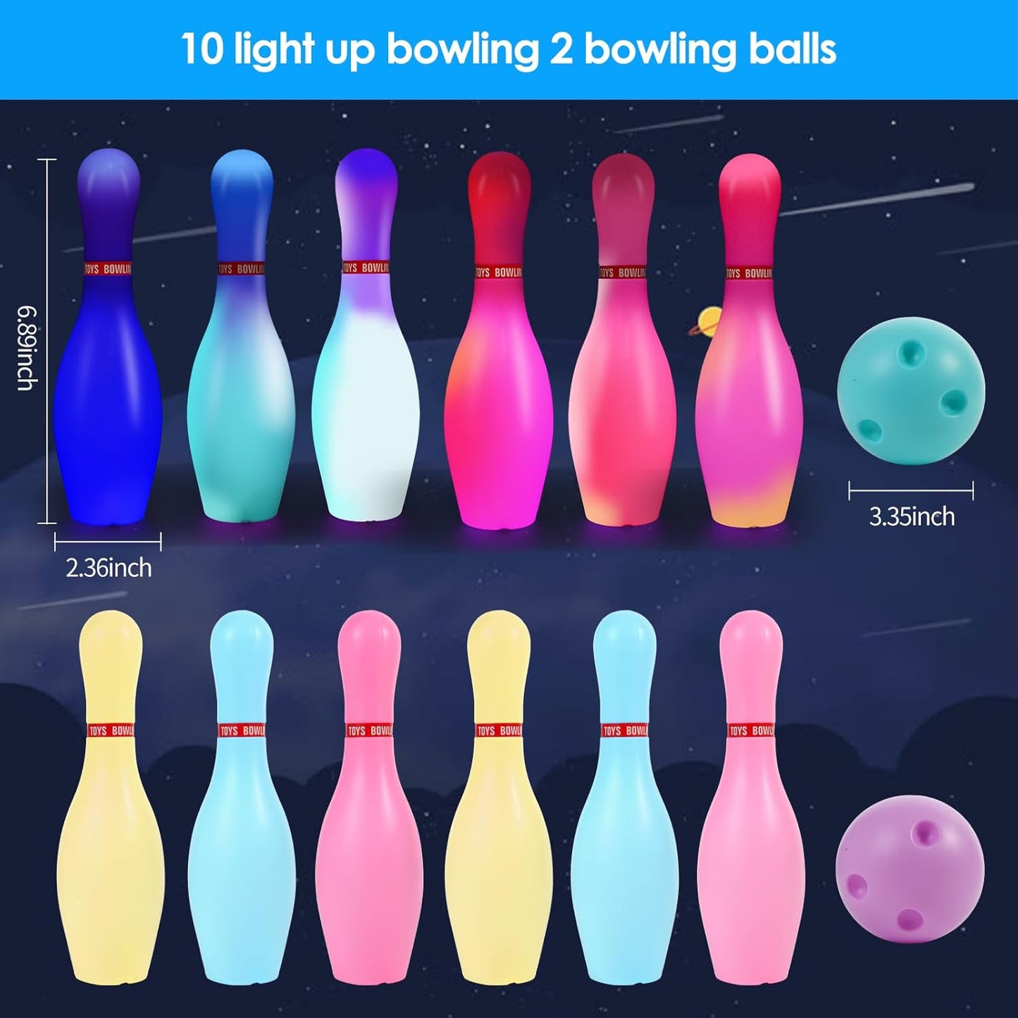 Light Up Bowling Set, Glow in The Dark Bowling Balls & Pins for Outdoor and Indoor Kids Games Fit Christmas Birthday Party Lawn Yard Carnival Games, Kids Education Motor Skills Toys