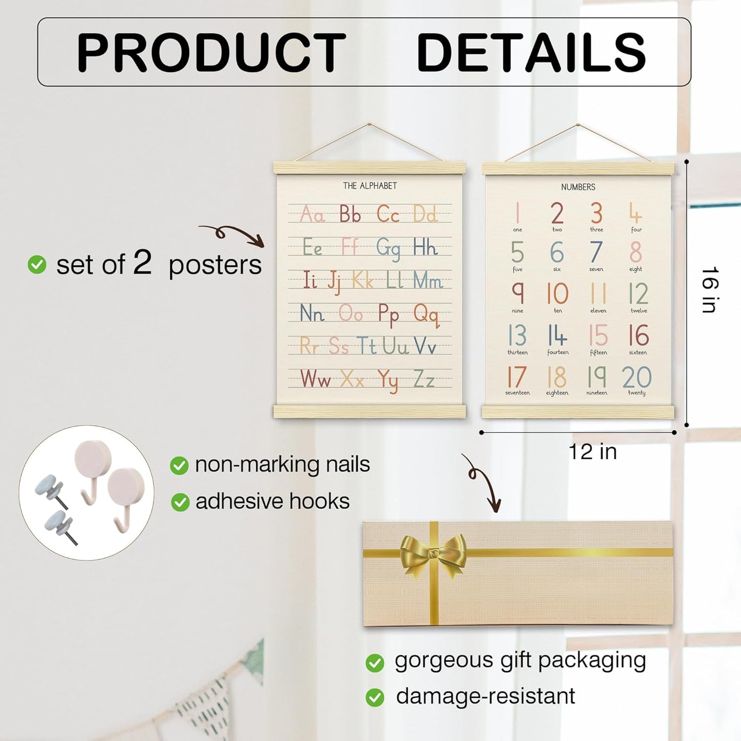 BONETAT Numbers alphabet poster for Nursery Toddlers, Play Room Wall Decor, ABC Wall Chart, Wall Hanging Decor for Toddler Playroom Decor Kids Wall Decor, Wooden Frame Alphabet Banner-A12