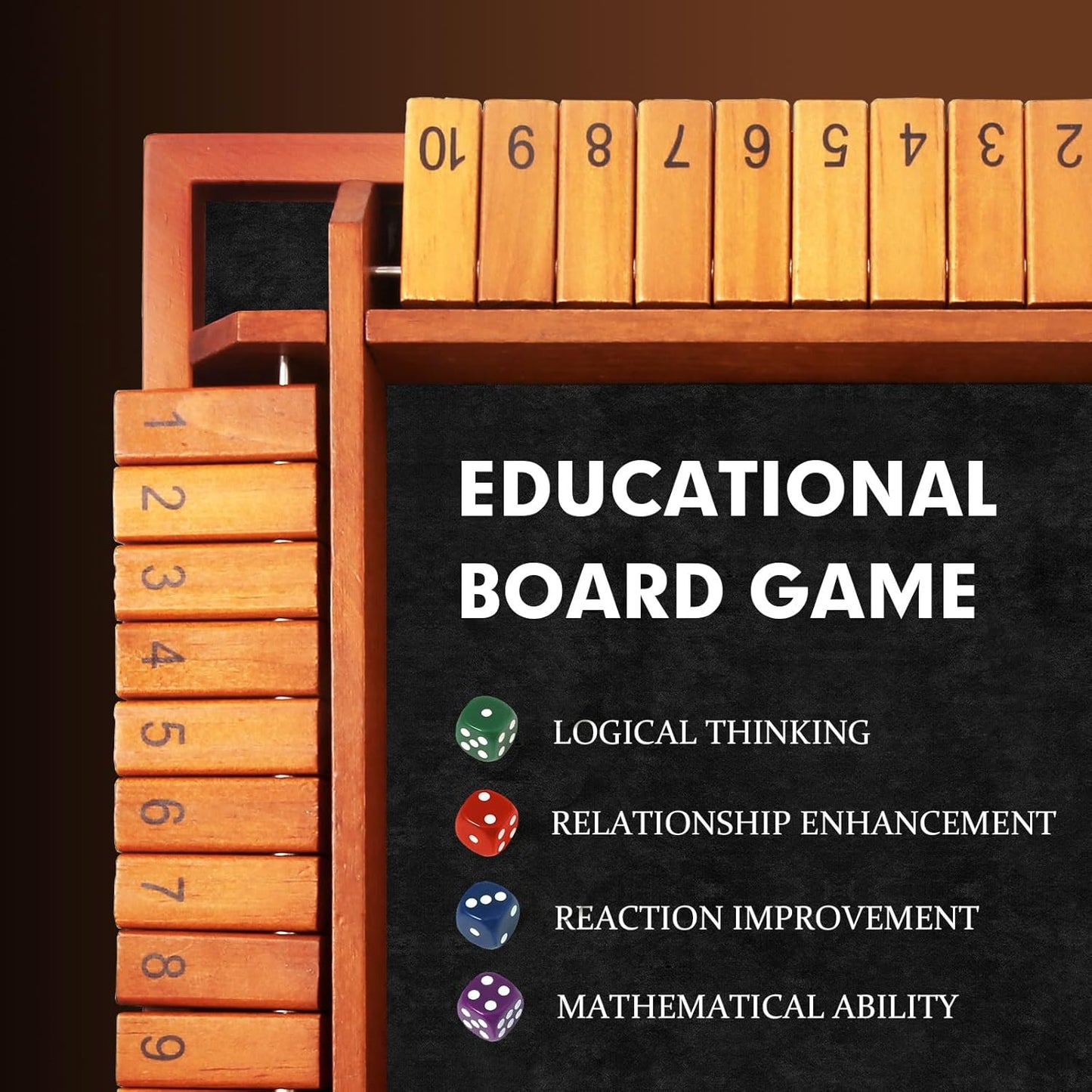 Upgraded 1-4 Players Shut The Box Dice Game, Wooden Board Table Family Game for Kids and Adults with 12 Dice, Classic Tabletop Math Game for Pub Classroom Party, Gift for Christmas Birthday