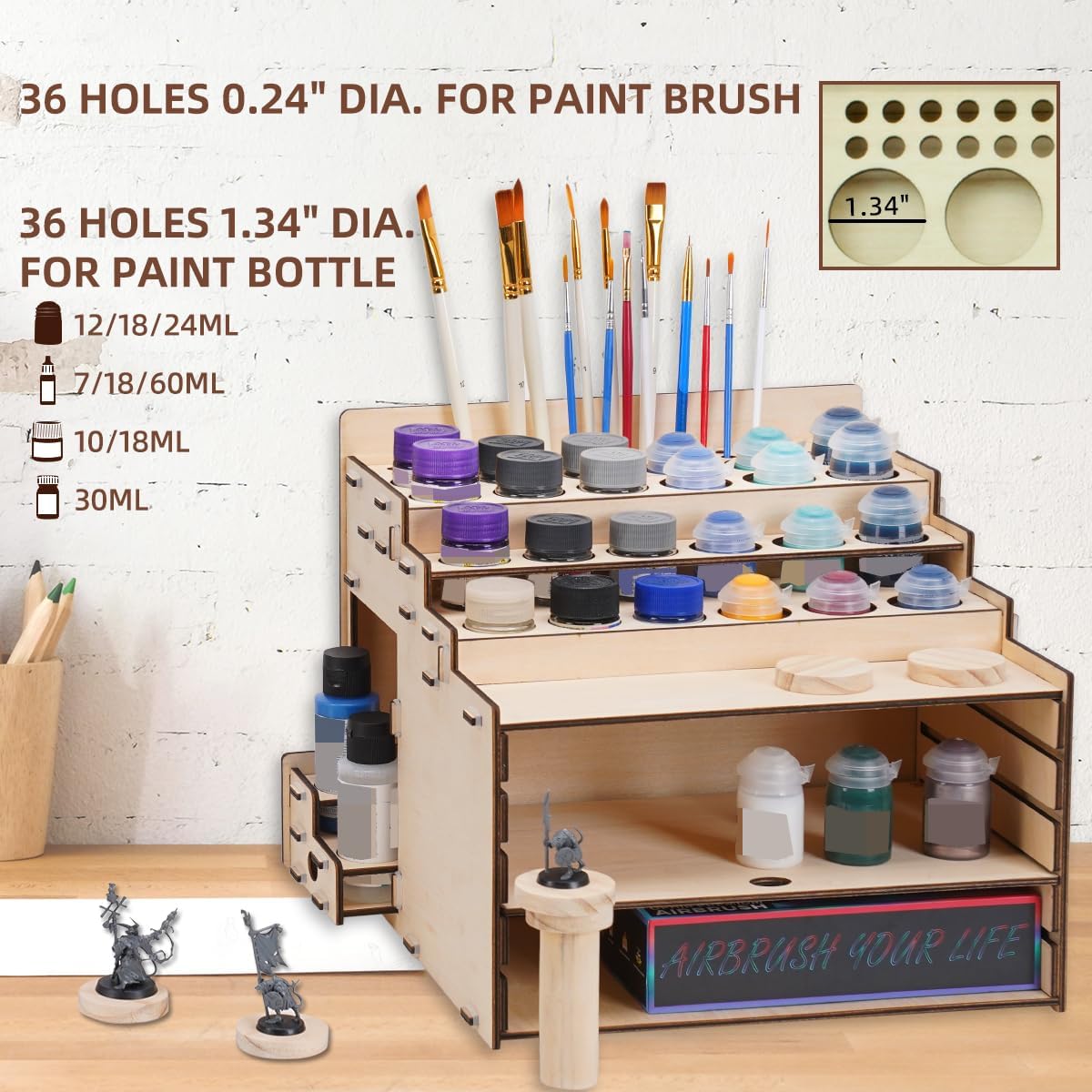 Model Paint Holder with Adjustable Storage, Wooden Miniature Model Paints Organizer for 36 Paint Holes and 36 Holes of Painting Brushes wtih Model Pieces Shelf