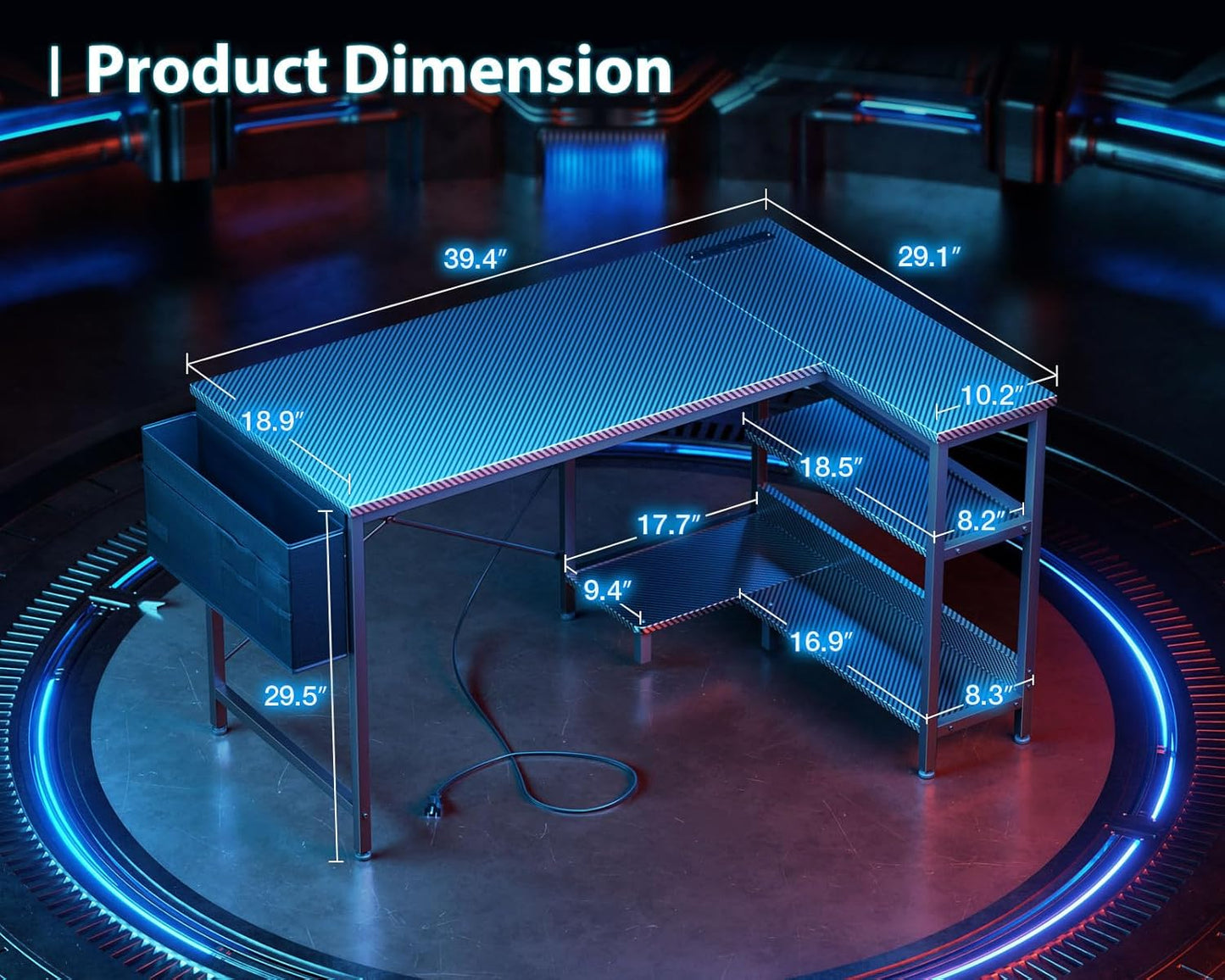 ODK 40 Inch Small L Shaped Gaming Computer Desk with Power Outlets, Corner Desk with Reversible Storage Shelves & PC Stand for Small Space, Modern Simple Home Office Table, Carbon Fiber Surface, Black