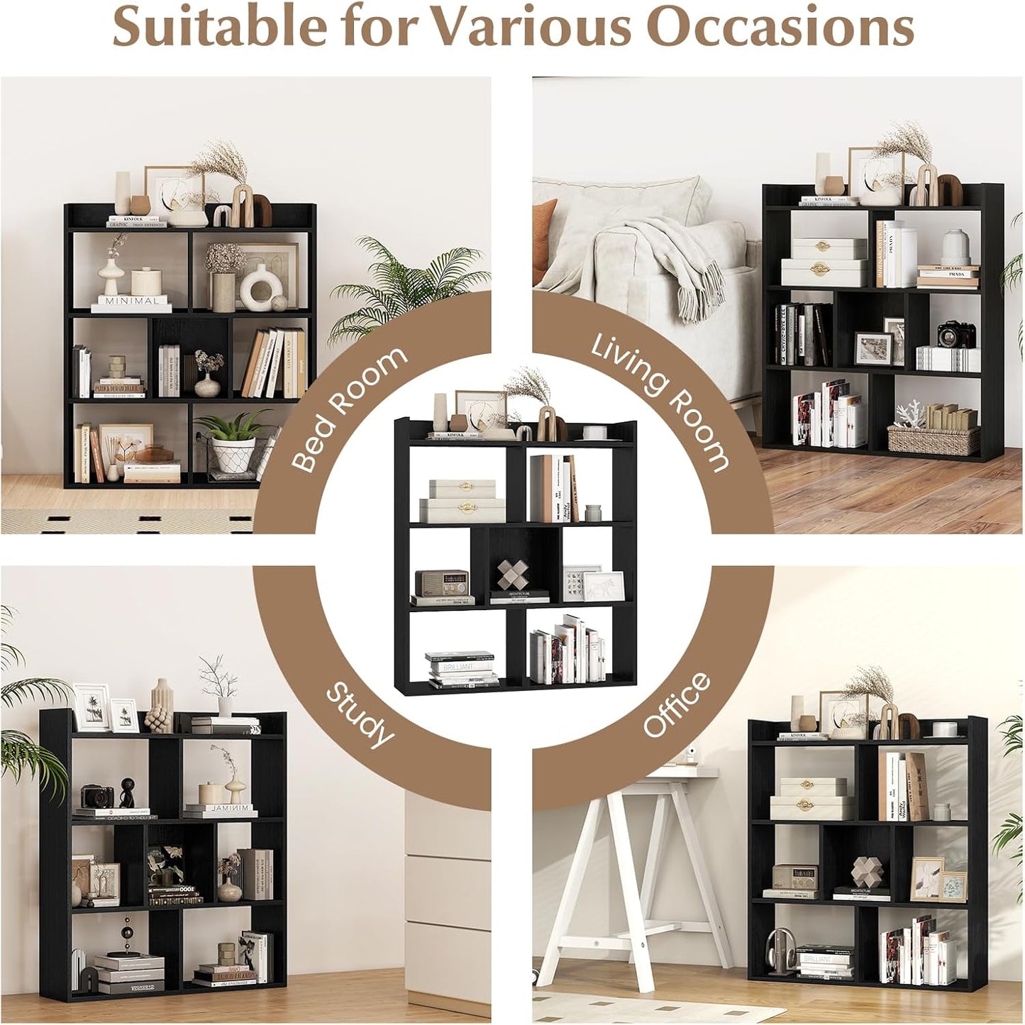 Giantex 7 Cubes Bookshelf, Free-Standing Wooden Bookcase, 4 Tier Home Display Shelf, Horizontal Storage Unit w/Anti-Toppling Devices, Open-Back Display Rack for Study, Living Room (1, Black)