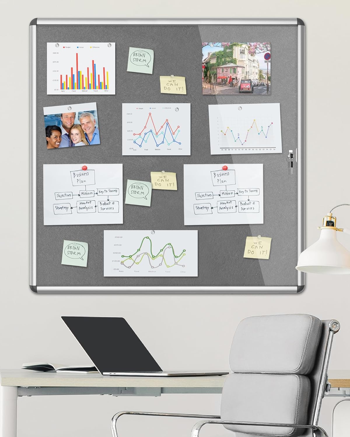 38"x38" Enclosed Bulletin Board, Lockable Weather-Resistant Aluminum Cork Noticeboard for School & Office, Silver Frame w/Grey Flet