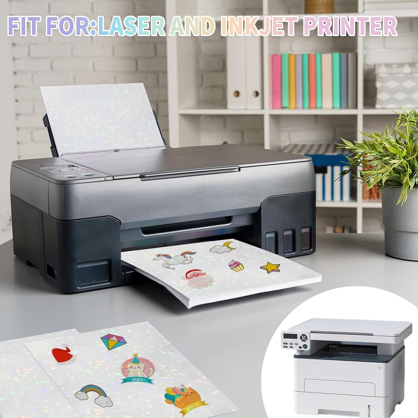 20 Sheets Holographic Sticker Paper,8.5x11 Inch Clear Printable Vinyl Sticker Papers,Self-Adhesive Waterproof for Inkjet/Laser Printer（Clear Glass）