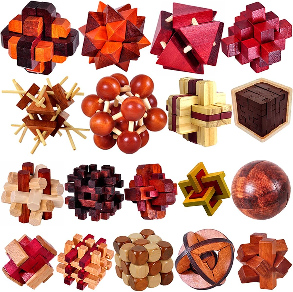 18 Pack Wooden Brain Teaser Puzzles Wooden Burr Puzzles Brain Teaser Puzzle with Gift Packing Box Magic Puzzle Games Toys for Kids and Adults by AHYUAN (Classical Wood)