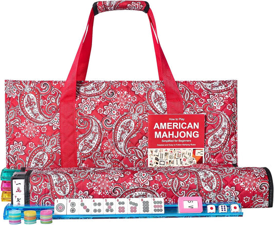 American Mahjong Game Set, 166 White Tiles, 4 All-in-One Color Rack/Pushers, Complete Mahjong Tile Set Red Printed Carrying Bag