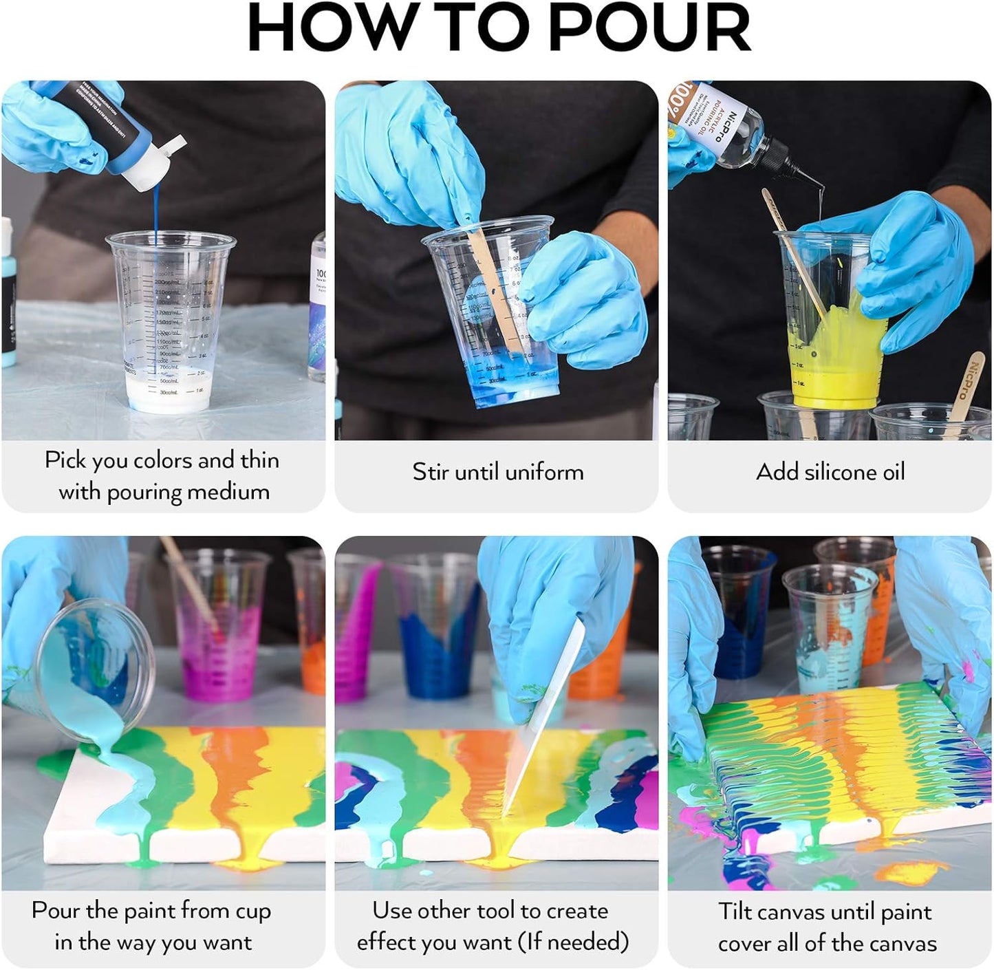Nicpro Acrylic Pouring Kit, Artist Starter Supplies Including 19 Colors Acrylic Paints,Pouring Medium, Silicone Oil, Canvases, Gloves, Strainers, Mixing Stick, Instructions for Flow DIY Painting