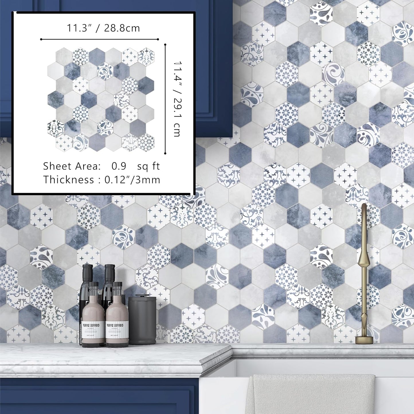The Tiles Plaza 10-Sheet Peel and Stick Backsplash, Blue Cement Hexagon Stone Composite Marble Looks Self Adhesive Wall Tile, Stick On Tiles for Kitchen Bathroom Shower, Cover 9 Sq Ft.