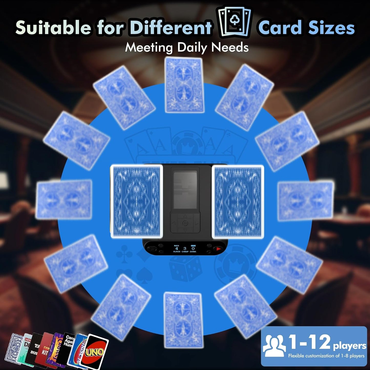 Automatic Card Shuffler and Dealer Machine 360° Rotation, Supports 12 Players, Rechargeable Card Shufflers, UNO Shuffler Card Machine Perfect for Rummy, Poker, Phase 10, Skip-Bo, Texas Hold'em