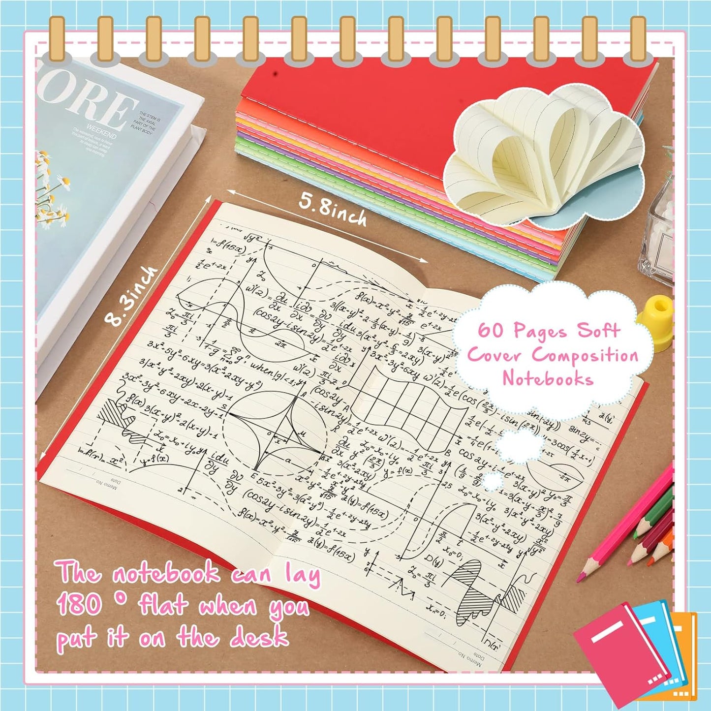 Handepo 100 Pack Composition Notebooks A5/A6 Ruled Lined Composition Kraft Notebooks Bulk Soft Cover Journals Travel Diary Memo for Students Classroom Office Supplies(A5,Fresh Color)