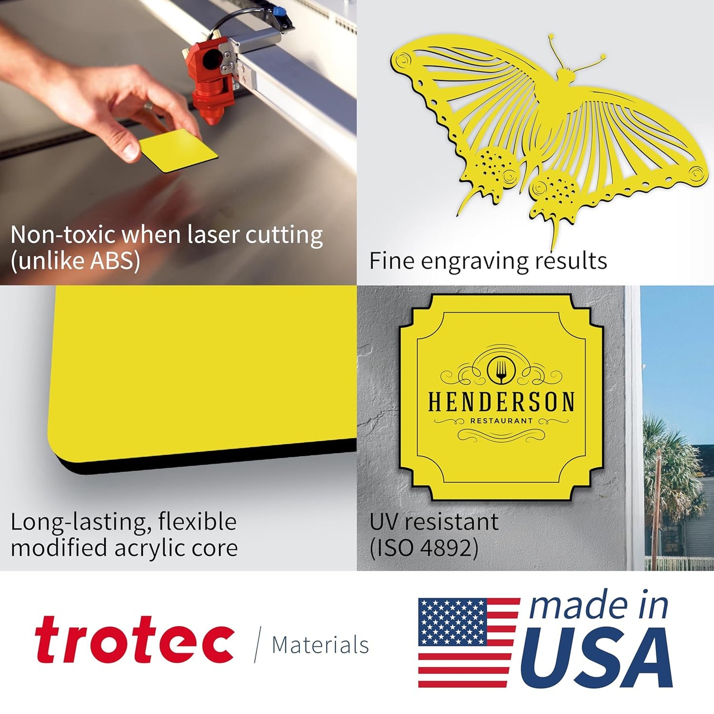Trotec TroLase | 12"x24"x1/16", 4 Pcs | Yellow/Black| 2 Ply | Modified Acrylic | Laser Engraving Double Color Plastic Sheet | Engraving Blanks for Laser, Saw, Guillotine | Made in USA