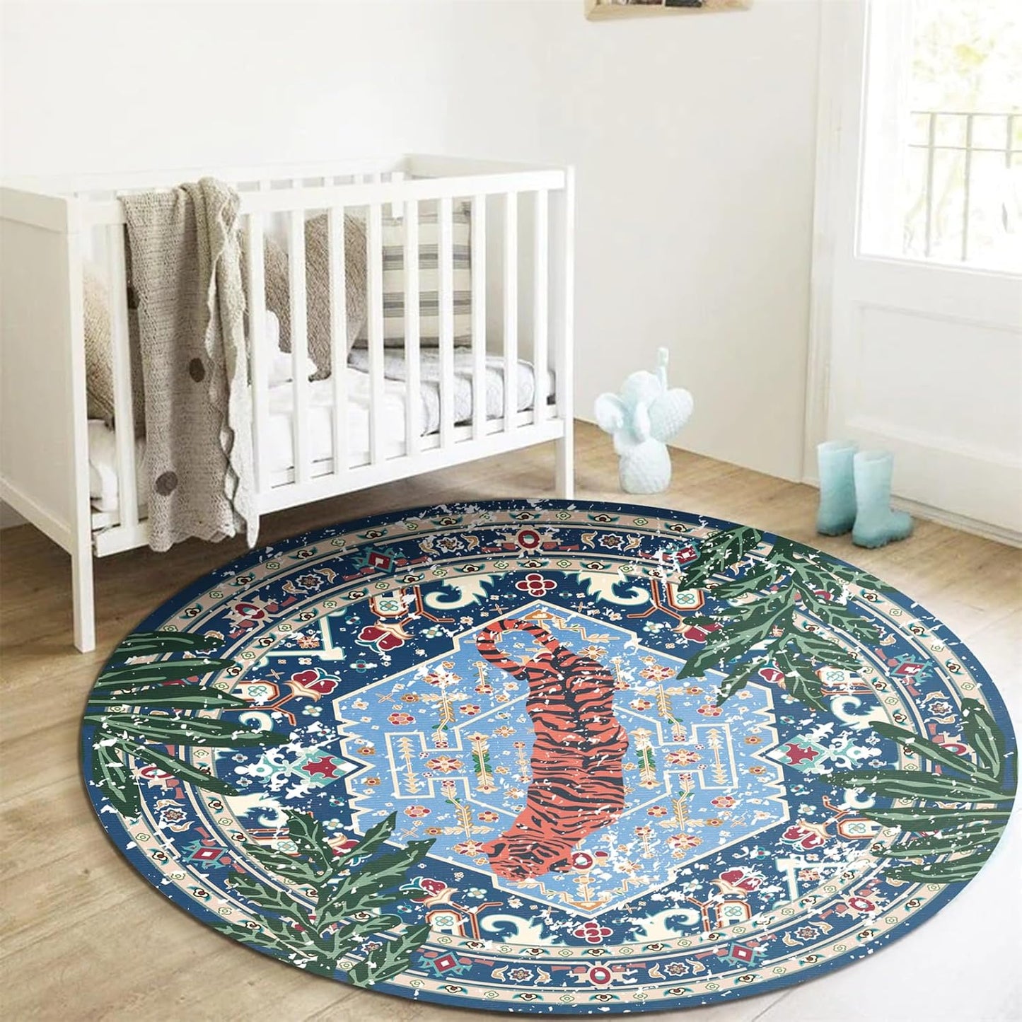 Washable Blue Rugs Thin Oriental Boho Vintage Tropical Leopard 5ft Round Area Rugs for Bedroom Kitchen Dining Living Room Office Distressed Jungle Plants Indoor Entryway Circle Carpet