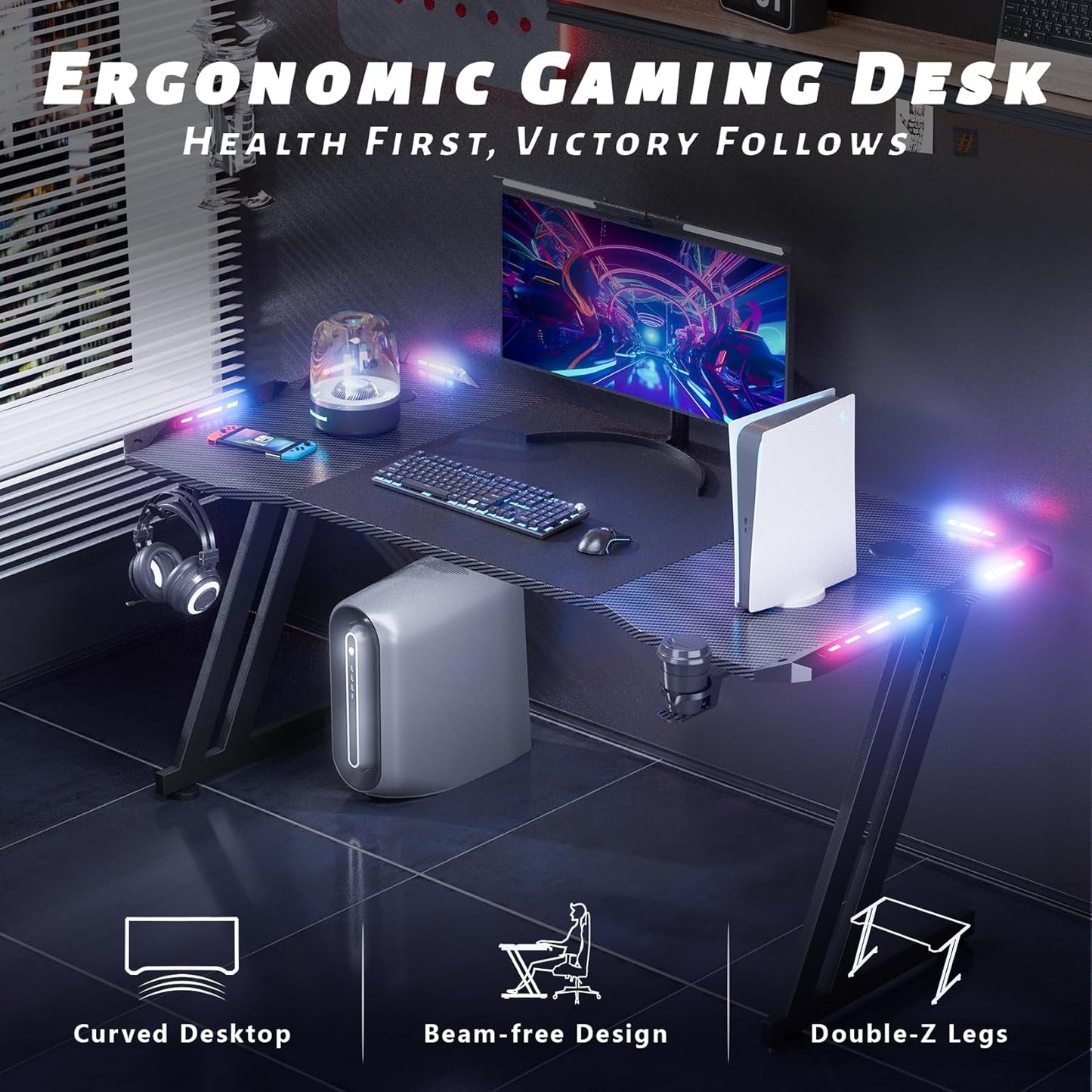 HLDIRECT 63 Inch Gaming Desk with LED Lights Carbon Fibre Surface Gaming Table Large Computer Desk Ergonomic Home Office Desks Z Shaped PC Gamer Workstations with Cup Holder & Headphone Hook Black