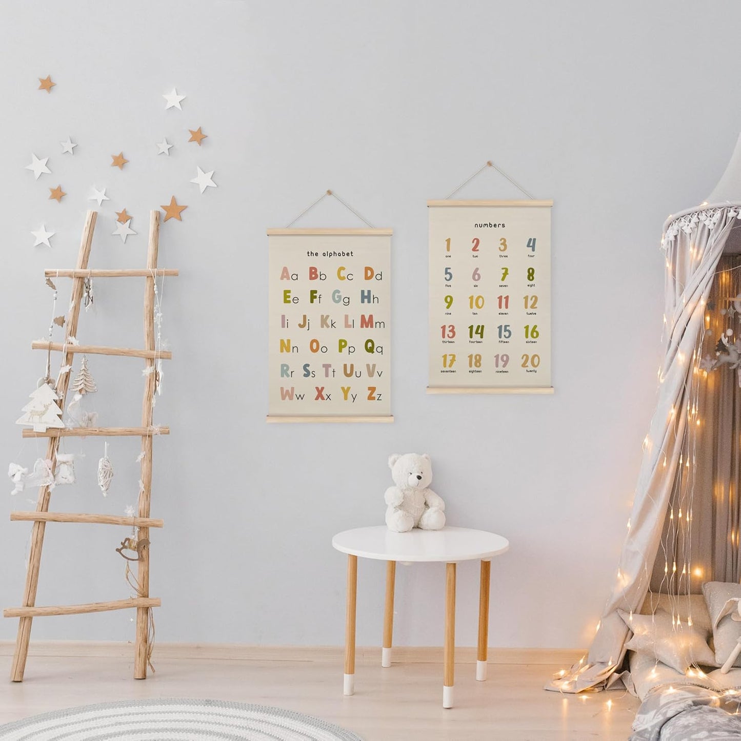 HRQKO Boho Alphabet Numbers Poster Hanger Frame Set of 2, Classroom Wall Decor, Abc Poster Wall Art with Wooden Frames, Alphabet Banner Wall Hanging Decor for Toddler Playroom Nursery, 16x24 inch