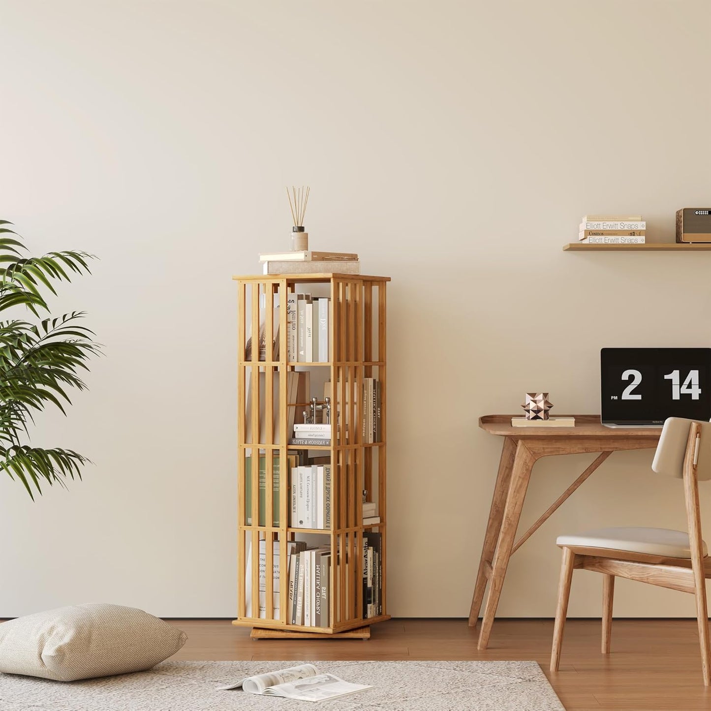 YOWOS Rotating Bookshelf Tower, 360 Display Spinning Bookcase, Bamboo Bookshelf Floor Standing Storage Rack, Wood Narrow Book Shelf Organizer for Kids&Adults (Nature, 4 Tier)