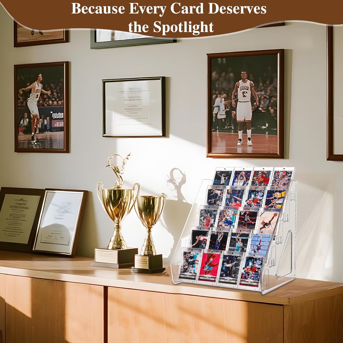 Elevated 5 Tier Clear Acrylic Card Display Stand for Trading Cards, Sports Cards, Greeting Cards, Stickers – Slanted Holder for PSA Slabs, Vendors, Collectors & Retail (5 Tier 1 Pack)