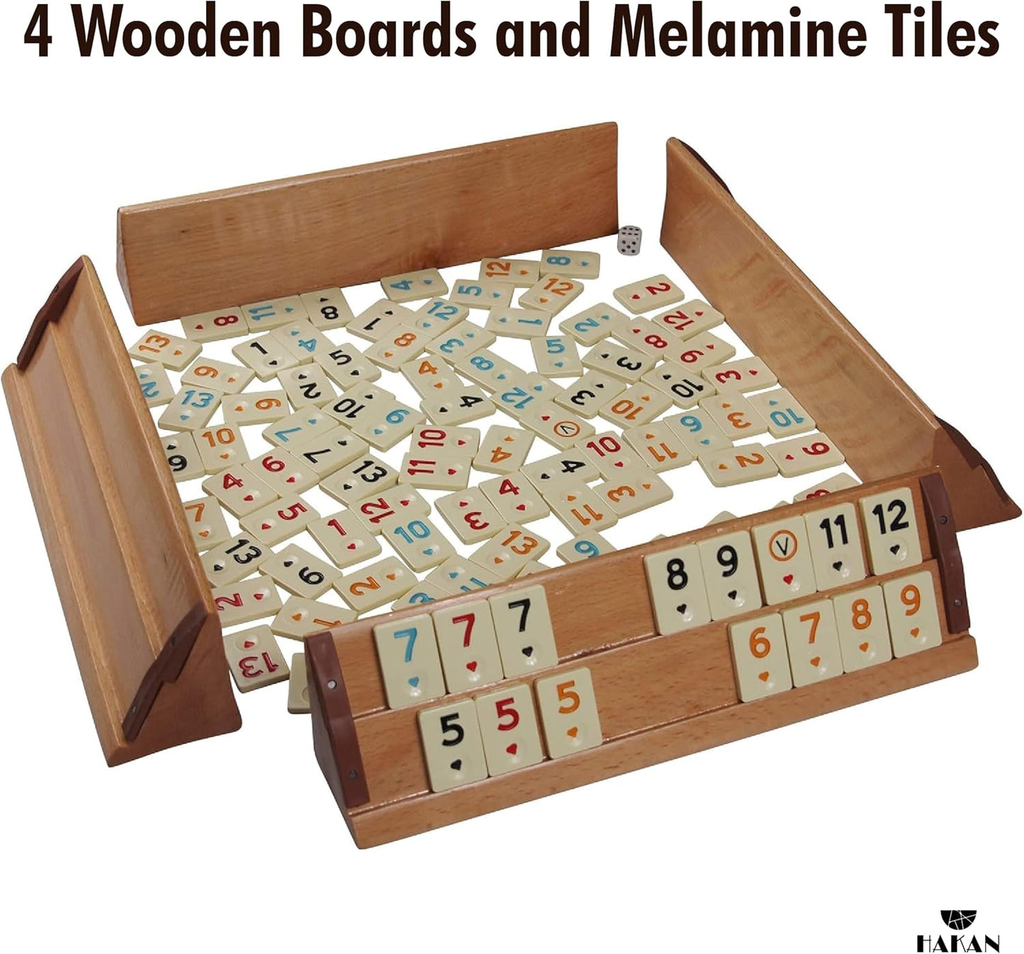 Hakan Turkish Okey Game Rummy Cube Game Rummy Cube Set with 4 Straight Wooden Racks Tile Holder and 106 Melamine Tiles Stones in Pouch