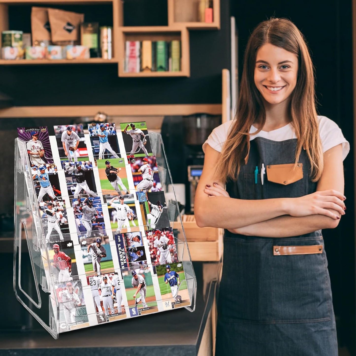 2 Pack Upgraded 5 Tier Acrylic Card Display Stand, Clear Display for Greeting Cards, Sports Cards, Postcards, Stickers & Brochures, Easy Snap-On, Increased Height & Thickness for Better Presentation