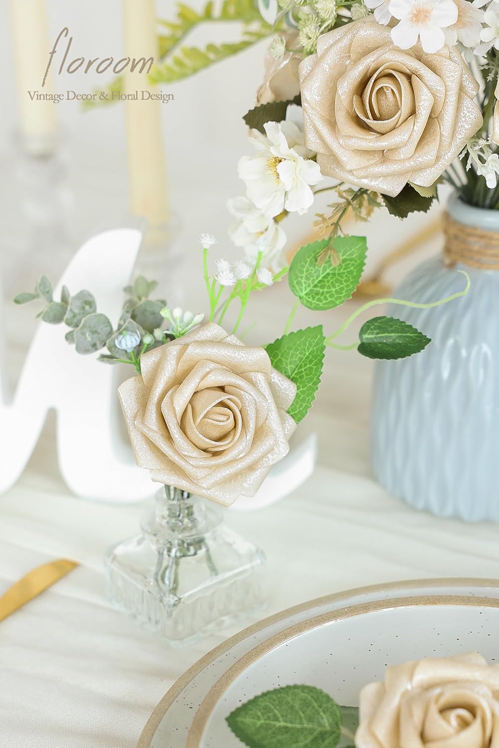 Floroom Artificial Flowers 25pcs Real Looking Champagne Gold Foam Fake Roses with Stems for DIY Wedding Bouquets Bridal Shower Centerpieces Floral Arrangements Party Tables Home Decorations