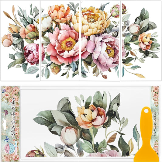 GLOBLELAND 4 Sheets Spring Peony Flowers Furniture Transfer 11.8x5.9inch Vintage Flowers Rub on Transfer UV Self-Adhesive Stickers Wall Art Craft for Bedroom Living Room Desk Table