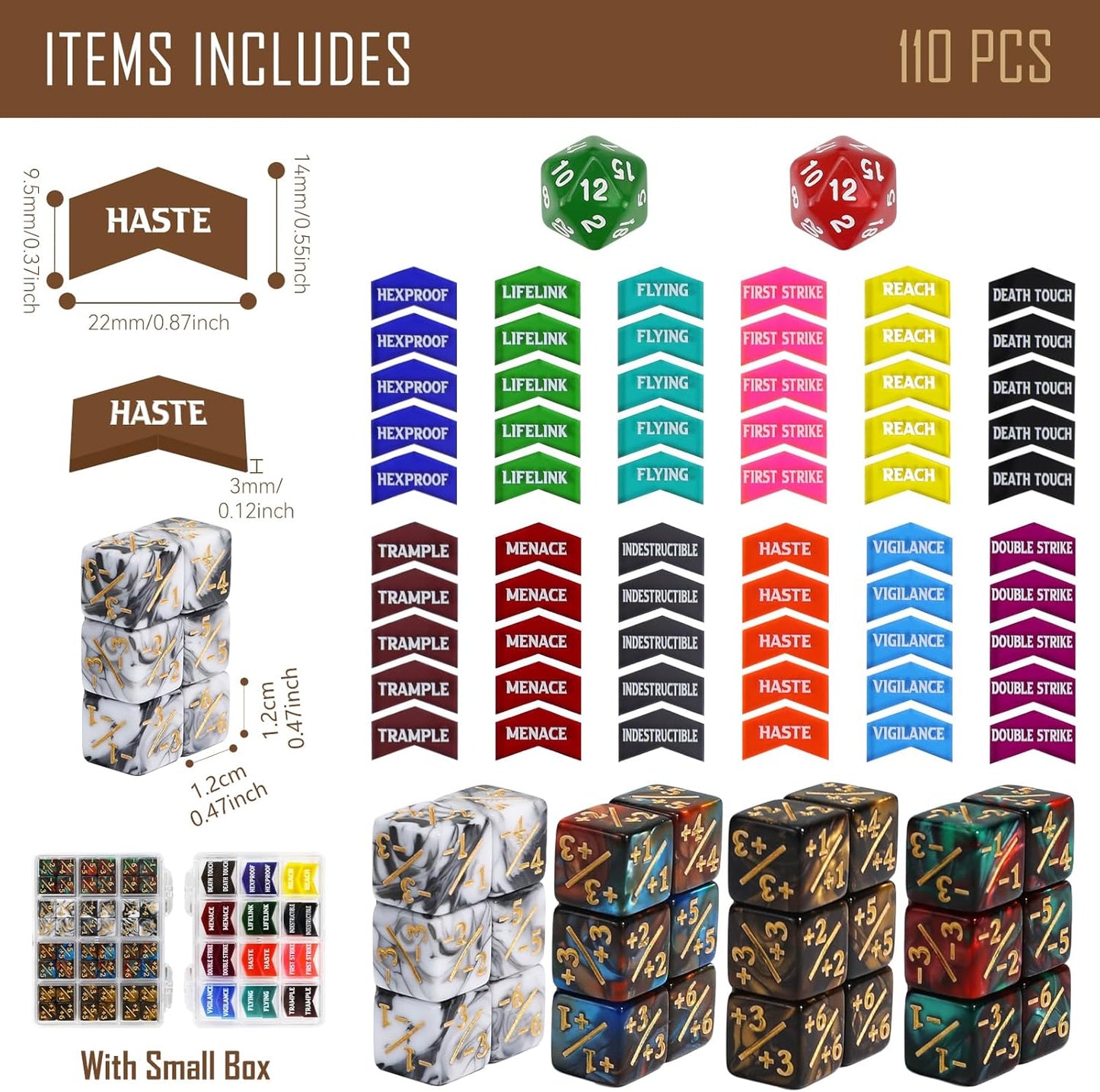 110PCS MTG Tokens & 12mm Magic Counter +1/+1 MTG Dice Set, Buff Ability Keywords Tokens Life Counters 6 Sided Dice, Compatible with Magic The Gatering CCG TCG Magic Card Game Accessories