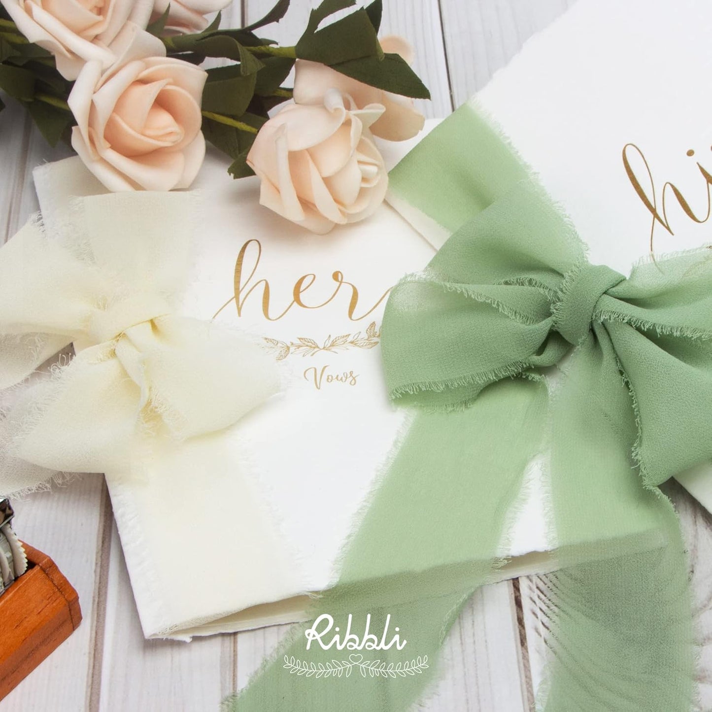 Ribbli Chiffon 1-1/2 inch x 20 Yard Handmade Fringe Cream Ivory Silk Ribbon for Wedding Invitations, Bridal Bouquets, Flower Arrangement Decoration