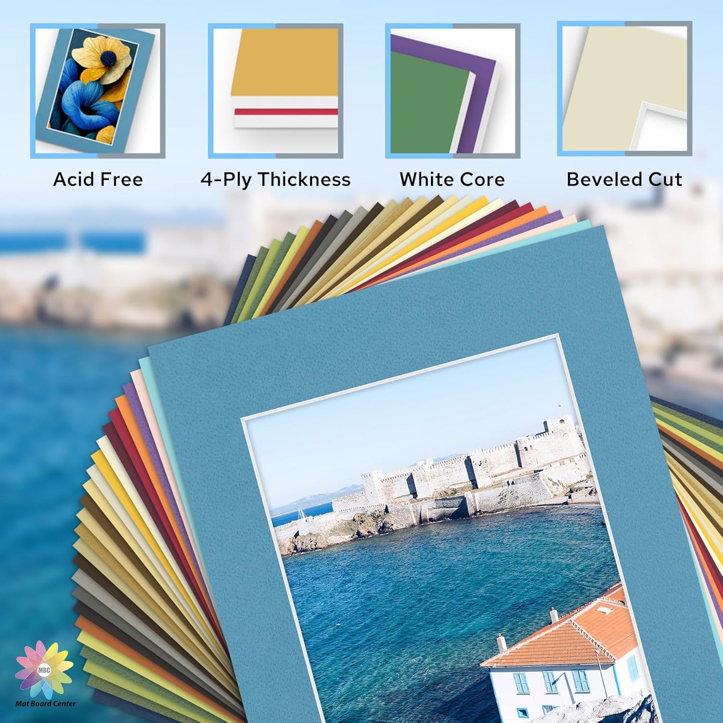 Mat Board Center, Pack of 50, 11x14 for 8x10 Mix Color Mat Kit - Acid Free, 4-ply Thickness, White Core - Includes Backing Boards and Clear Bags - for Pictures, Photos, Framing