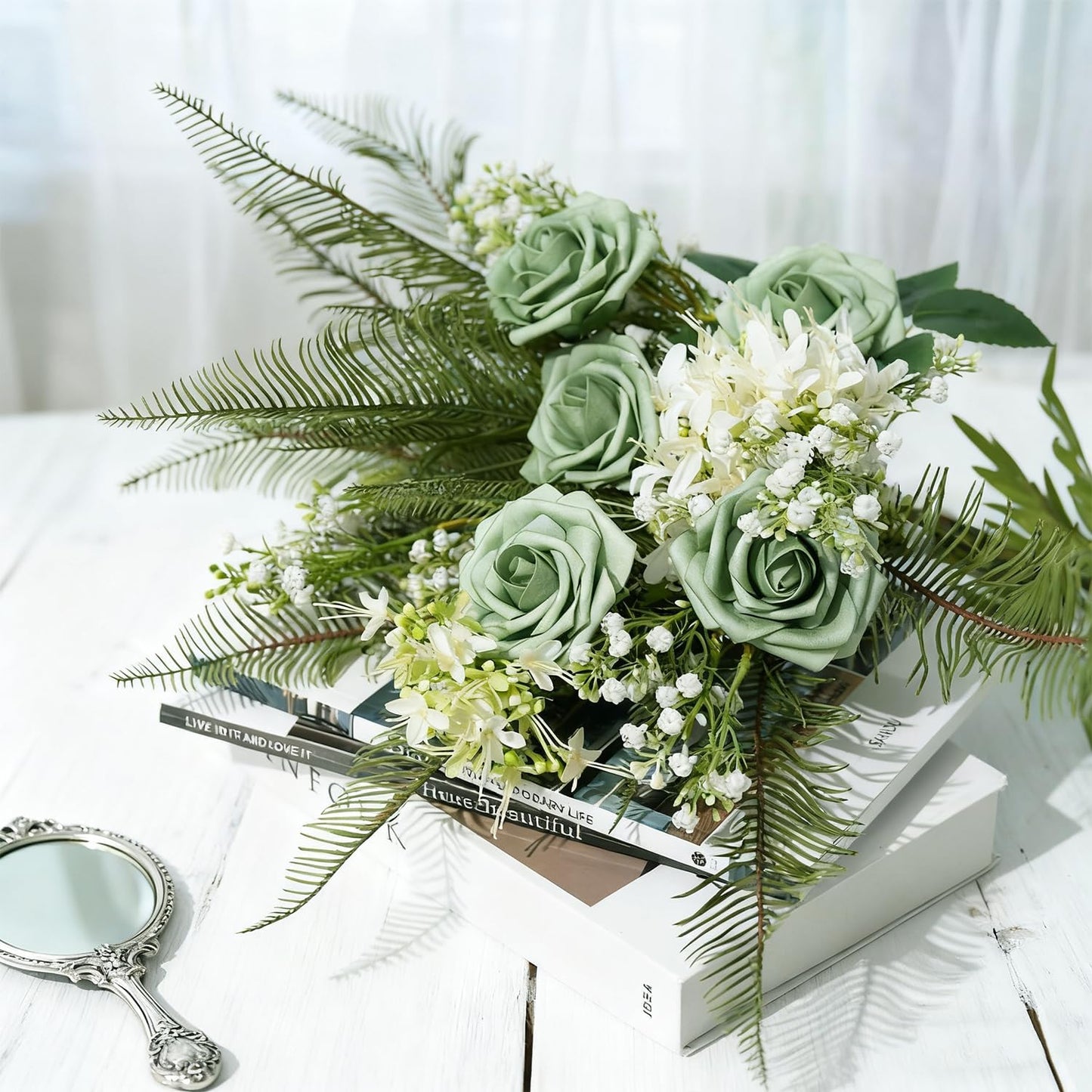 Artificial Flowers Foam Fake Roses 25pcs Green Roses with Stems for Home Decor DIY Wedding Bouquets Party Bridal Shower Centerpieces Faux Flower Arrangements Tables Decorations