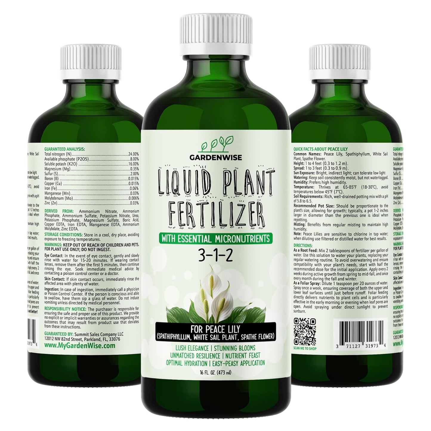 Peace Lily Fertilizer: 3-1-2 Liquid Fertilizer with Essential Micronutrients - The Ultimate Food for Spathiphyllum, Perfect for Indoor Plants (16 OZ)