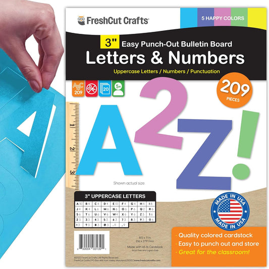 209 Pcs 3" Happy Colors Precut Letters & Numbers - Capital, Numbers, Punctuation - US Made Card Stock for Poster, Bulletin Board, Classroom