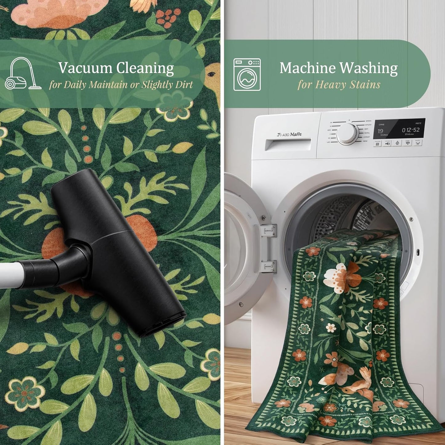 Morebes Washable Rugs 9x12 for Living Room, Large Bird Floral Area Rug Non Slip, Soft Boho Ultra-Thin Insect Carpet for Bedroom Home Office Dining Room Farmhouse, Green