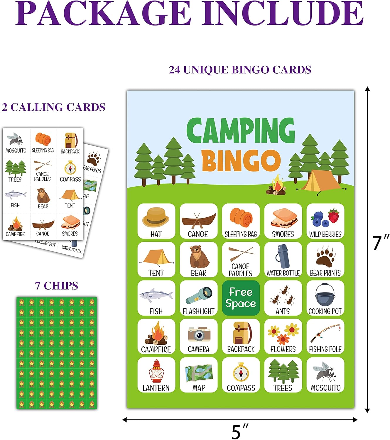 Camping Bingo Game - 24 Player Outdoor Activity for School Parties, Birthdays and Nature Parties