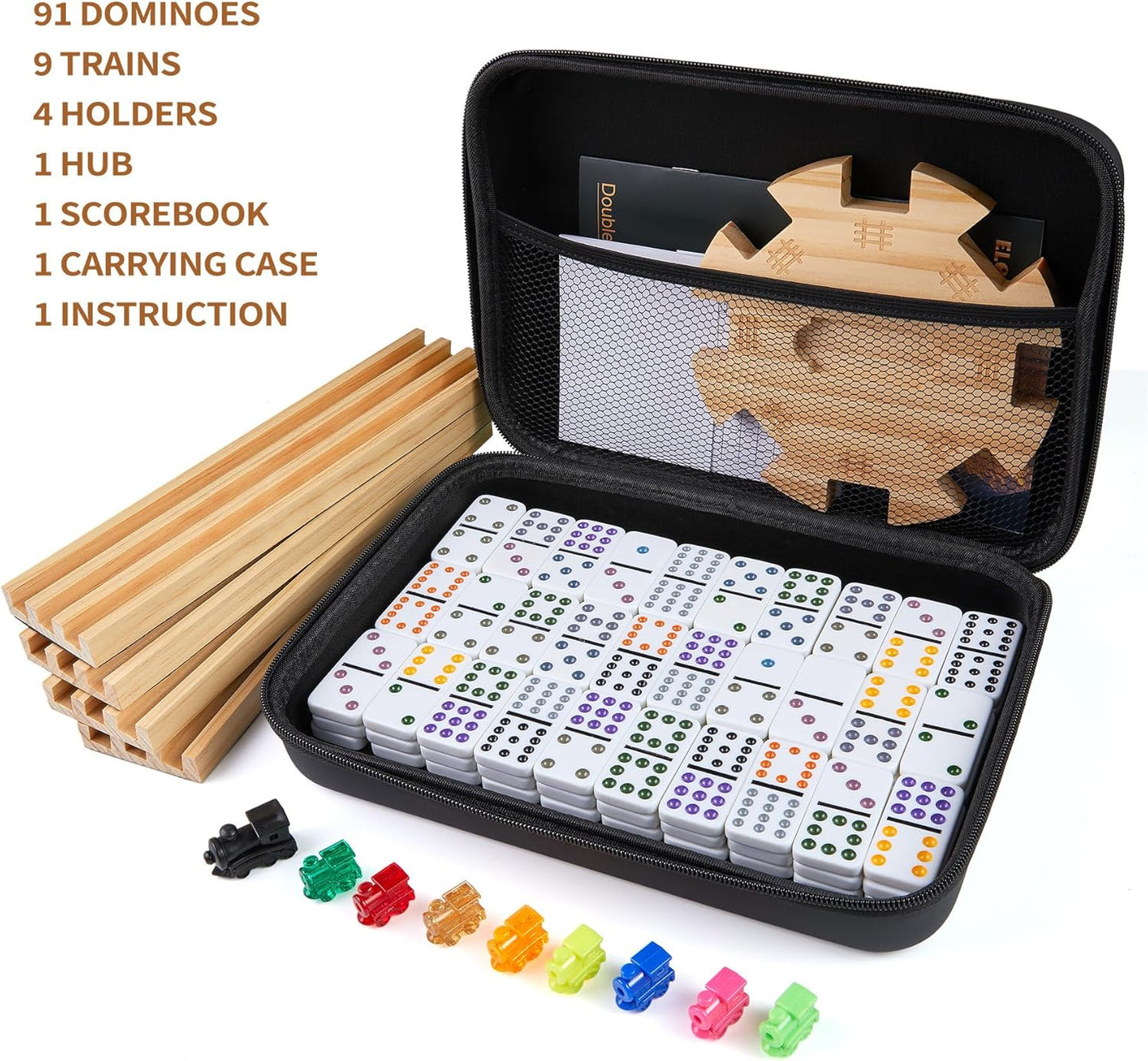 Mexican Train Double 12 Dominoes Set with 4 Wooden Trays/Racks in Portable Carrying Case Colorful 91 Tiles & 9 Trains Board Game for Family Game Night