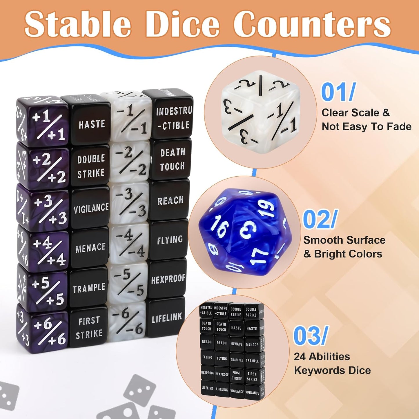 50PCS MTG Dice Counters, 24PCS Abilities Keywords/ 24P -1/+1 Buff Tokens/ 2P D20 Cube Dices/Storage Bag, MTG Counters for TCG Card Games