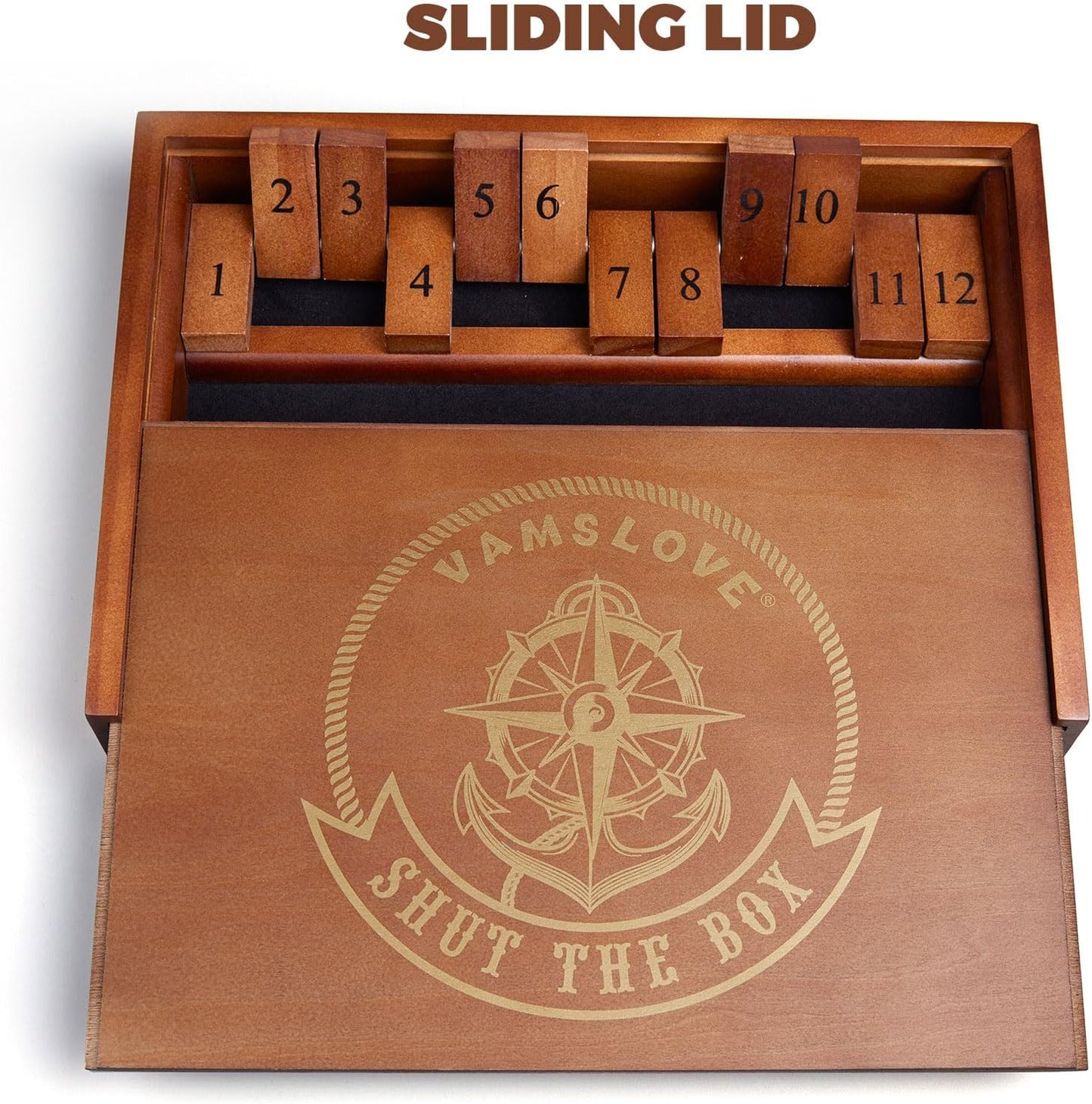 VAMSLOVE Shut The Box Dice Game Wooden Board Table Math Game for 2 Players and Up, 12 Numbers Close The Box with 6 Dice for Kids Adults Family (Instructions Included)