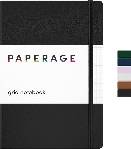 PAPERAGE Graph Paper Journal Notebook, (Black), 160 Pages, Medium 5.6 in x 8 in - 100 GSM Thick Paper – Hardcover Grid Notebook for Work or School