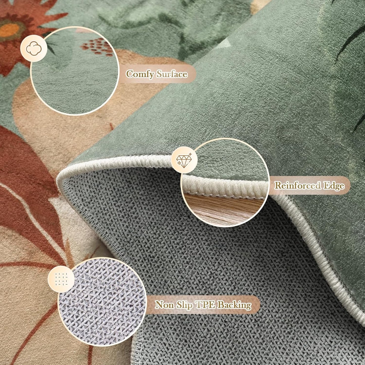 Beeiva Washable Rug 6x9 - Scalloped Floral Printed Soft Non Slip Kids Rugs for Bedroom Ultra-Thin Low Pile Boho Green Area Rug Aesthetic Throw Carpet for Living Room Playroom Dorm Office(Green,6x9ft)