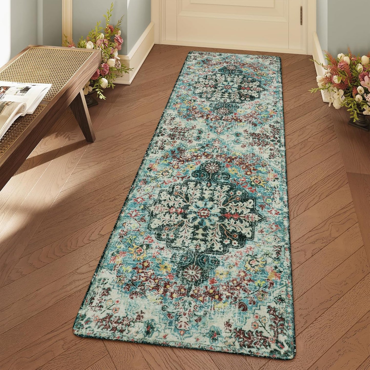 Lahome Bohemian Floral 2x6 Washable Hallway Runner Rug, Non Slip Kitchen Laundry Hallway Rug Runner, Pet Friendly Bathroom Indoor Carpet Runners for RV Camper Entrance Bedroom