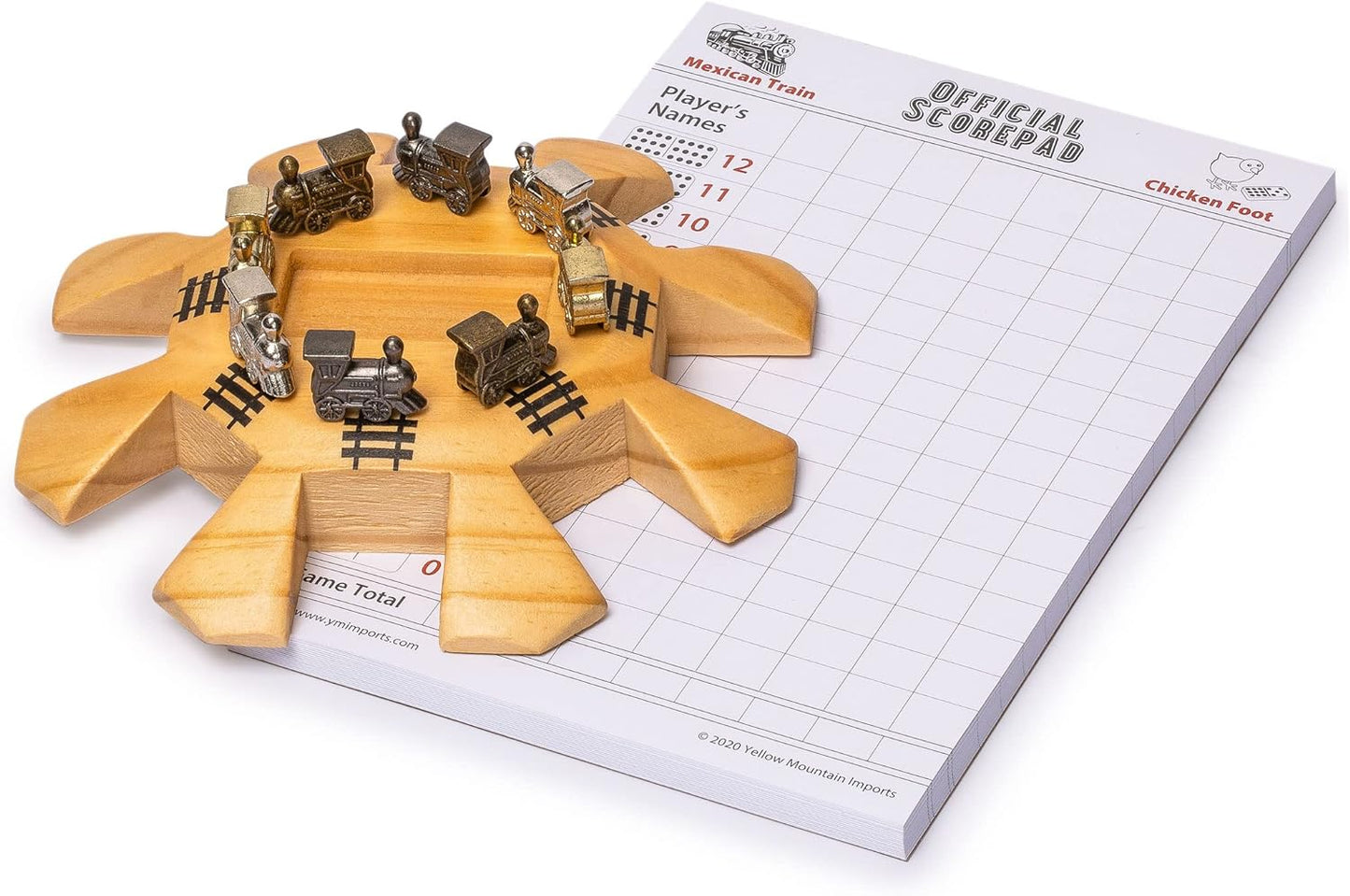 Yellow Mountain Imports Mexican Train Dominoes Accessory Set (5.8-Inch Wooden Hub Centerpiece, Die-Cast Metal Train Markers, and 60-Sheet Scorepad)