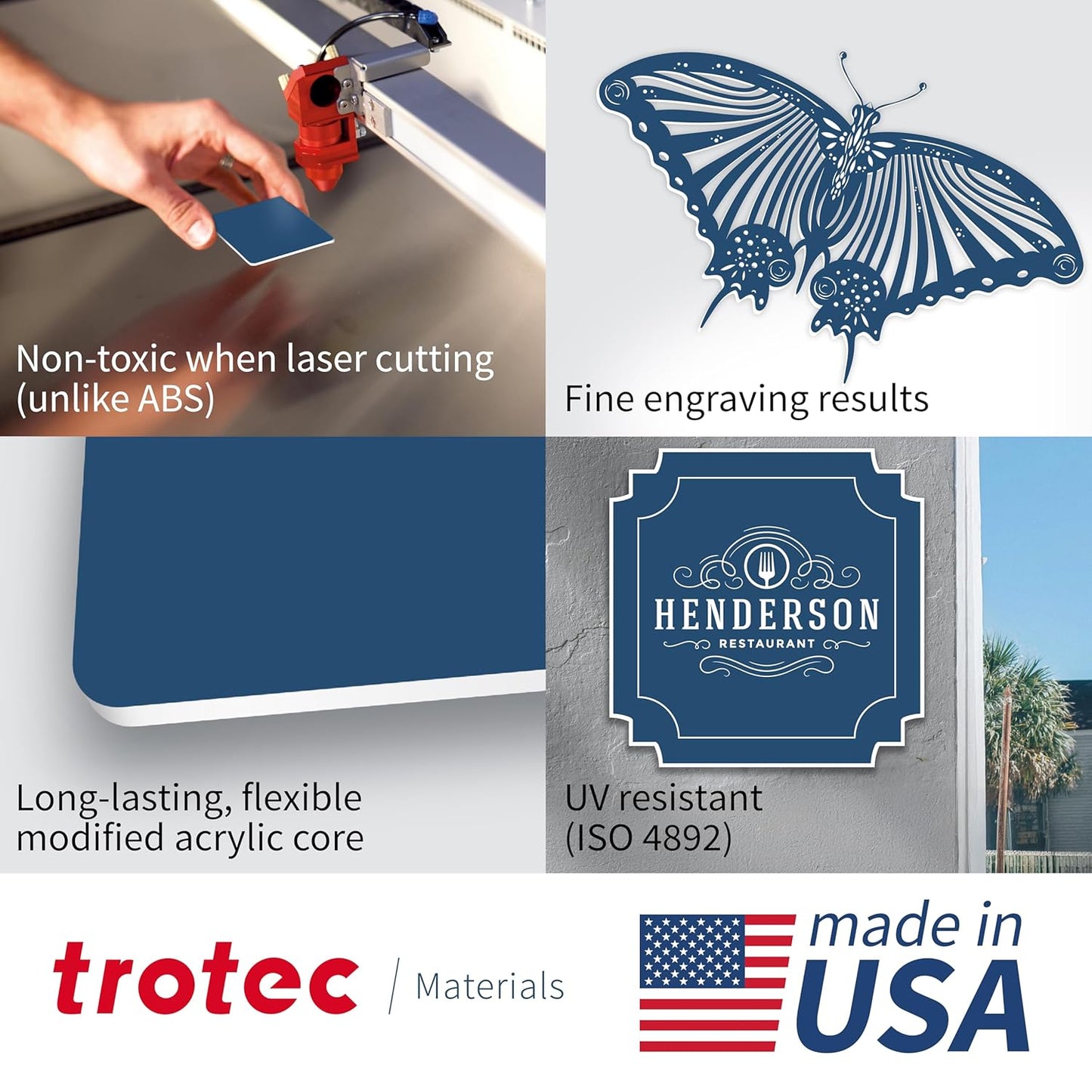Trotec TroLase | 12"x24"x1/8", 4 Pcs | Blue/White | 2 Ply | Modified Acrylic | Laser Engraving Double Color Plastic Sheet | Engraving Blanks for Laser, Saw, Guillotine | Made in USA