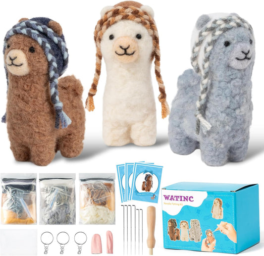 WATINC Needle Felting Kit - 3 Set Unique Different Cute Doll Wool Felt Needle Tools Foam Pad Instruction, DIY Home Decoration Craft Party Supplies for Art Work Starter Beginners (Alpaca)