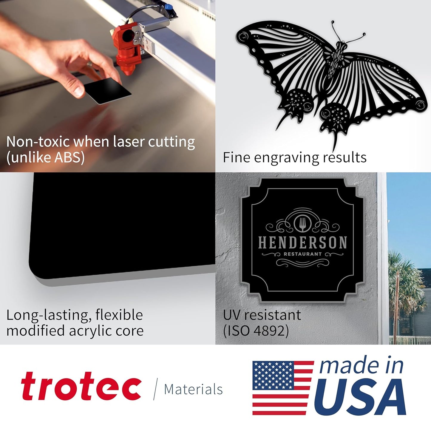 Trotec TroLase | 12"x20"x1/16", 4 Pcs | Black/Silver | 2 Ply | Modified Acrylic | Laser Engraving Double Color Plastic Sheet | Engraving Blanks for Laser, Saw, Guillotine | Made in USA