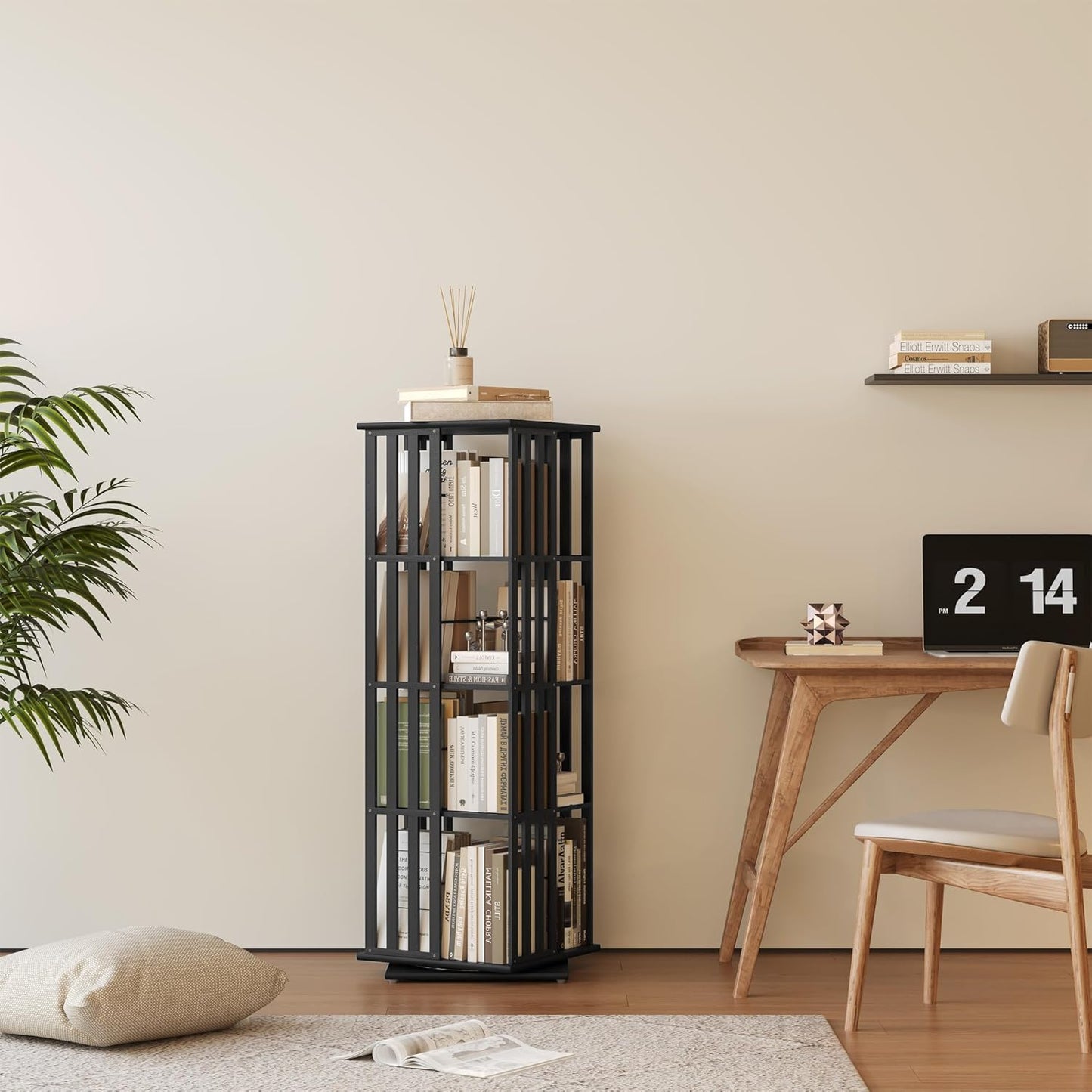 YOWOS Rotating Bookshelf Tower, 360 Display Spinning Bookcase, Bamboo Bookshelf Floor Standing Storage Rack, Wood Narrow Book Shelf Organizer for Kids&Adults (Black, 4 Tier)
