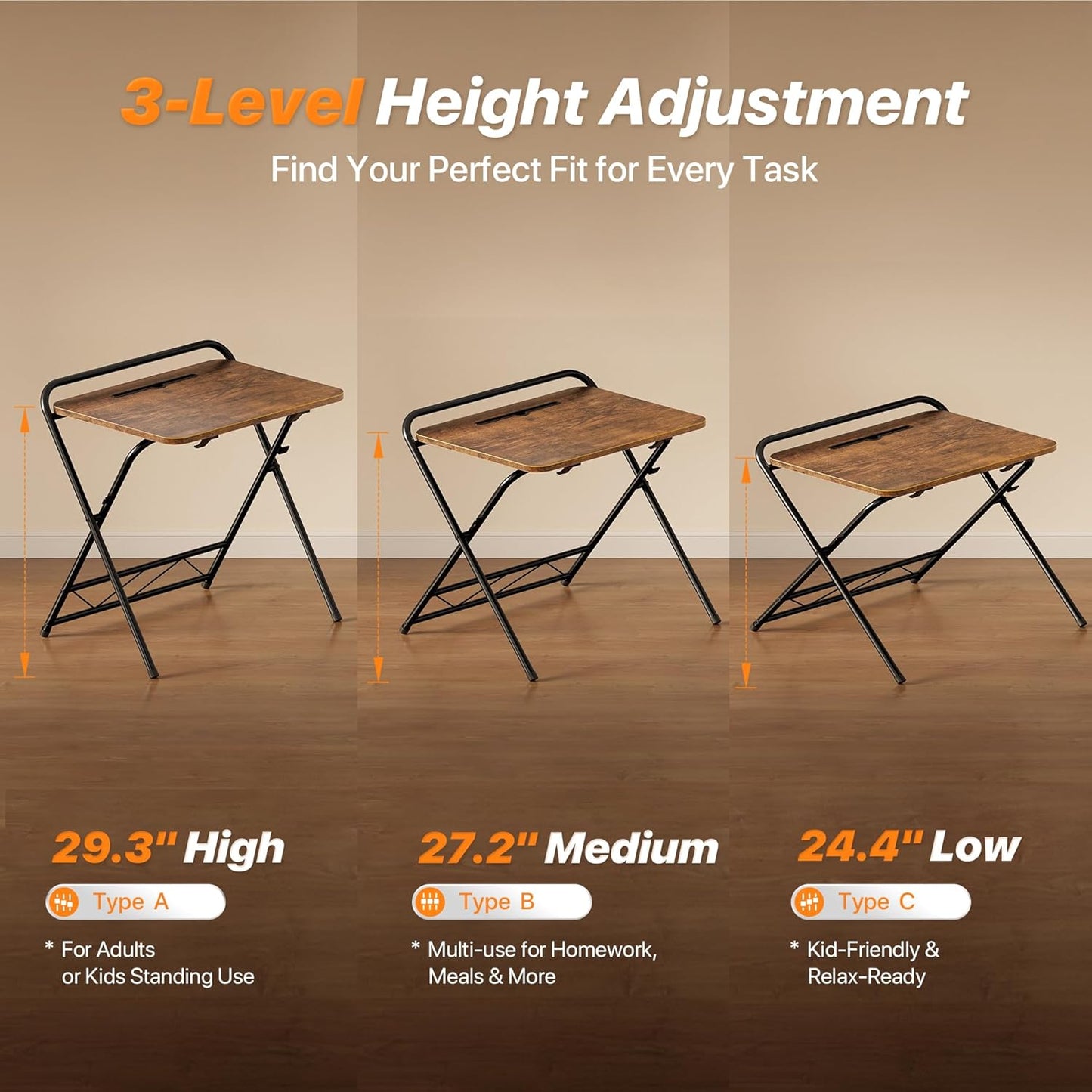 Huuger Folding Desk with 3-Level Adjustable Height and Tablet Slot, 32 Inch Foldable Computer Desk for Small Spaces, Space Saving, Writing Work Table for Home Office, Bedroom, Study, Rustic Brown